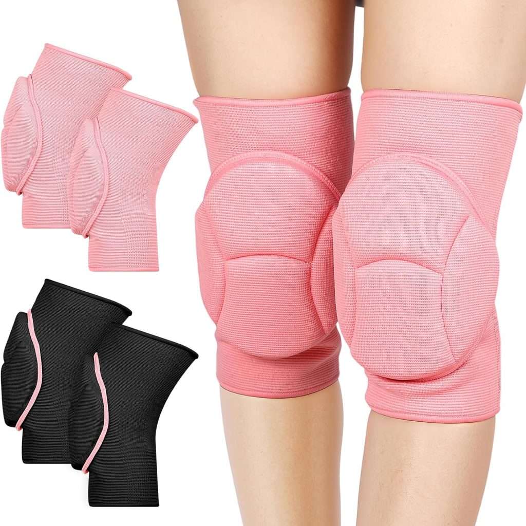 Junkin 2 Pairs Knee Pads with Anti Slip Padded Protective Volleyball Kneepad Breathable Sponge Knee Support Stretchy Knee Sleeve for Women Men Volleyball Dancing Football Yoga, Black and Pink