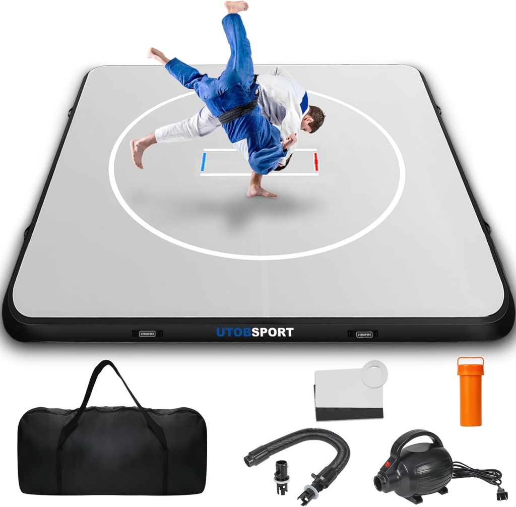Inflatable Wrestling Mat 10×10 FT, Jiu Jitsu Mats, PVC Landing Training Mat Foldable for Home Gym BJJ, MMA, Martial Art, Boxing, Grappling and Judo(Grey Black)