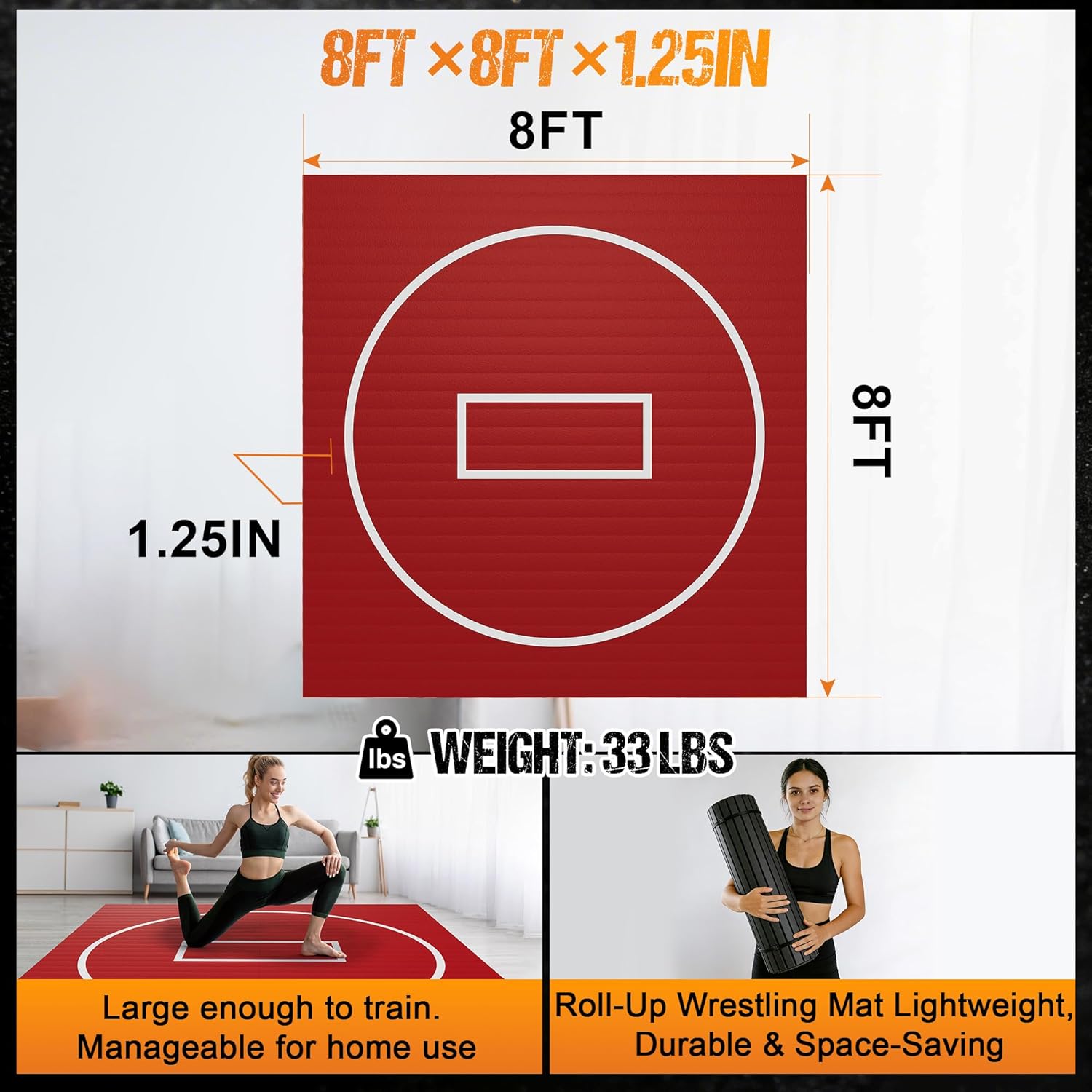 Wrestling Mat for Home, 10' x 10' / 8' x 8'/ 5' x 10' Grappling Mat for BJJ, MMA, Jiu Jitsu, Judo, Gym, Roll-Up Wrestling Practice Mat for Kids & Adults，Easy to Clean Indoor/Outdoor - Image 3